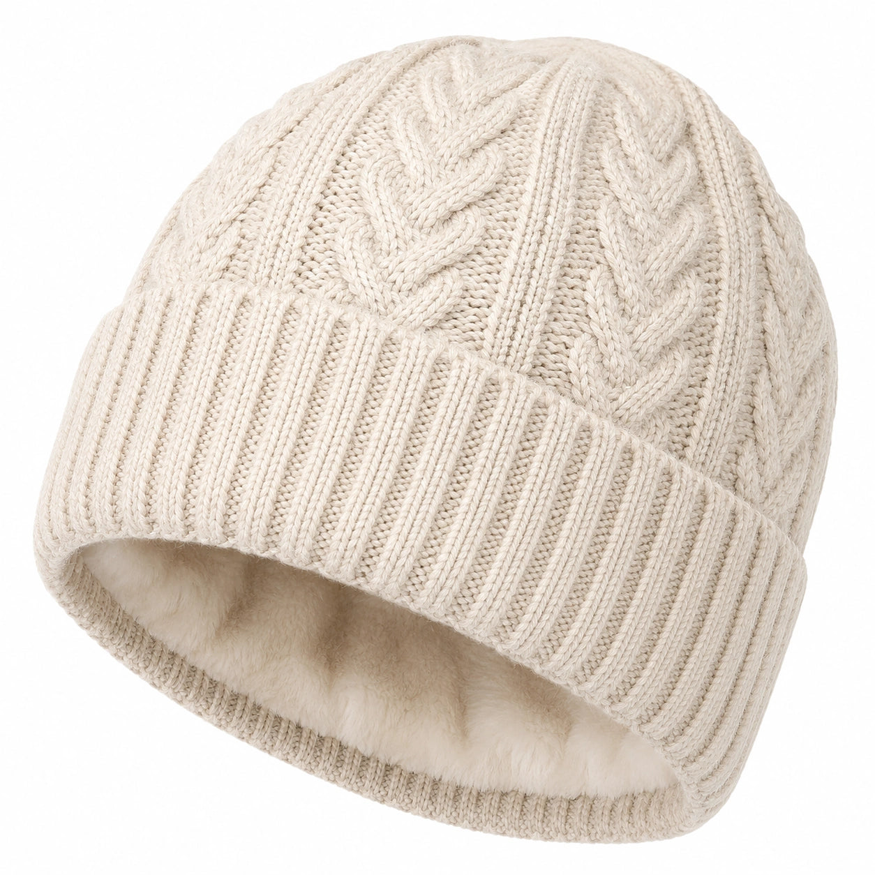 Bonnet en tricot torsadé doublé polaire beige