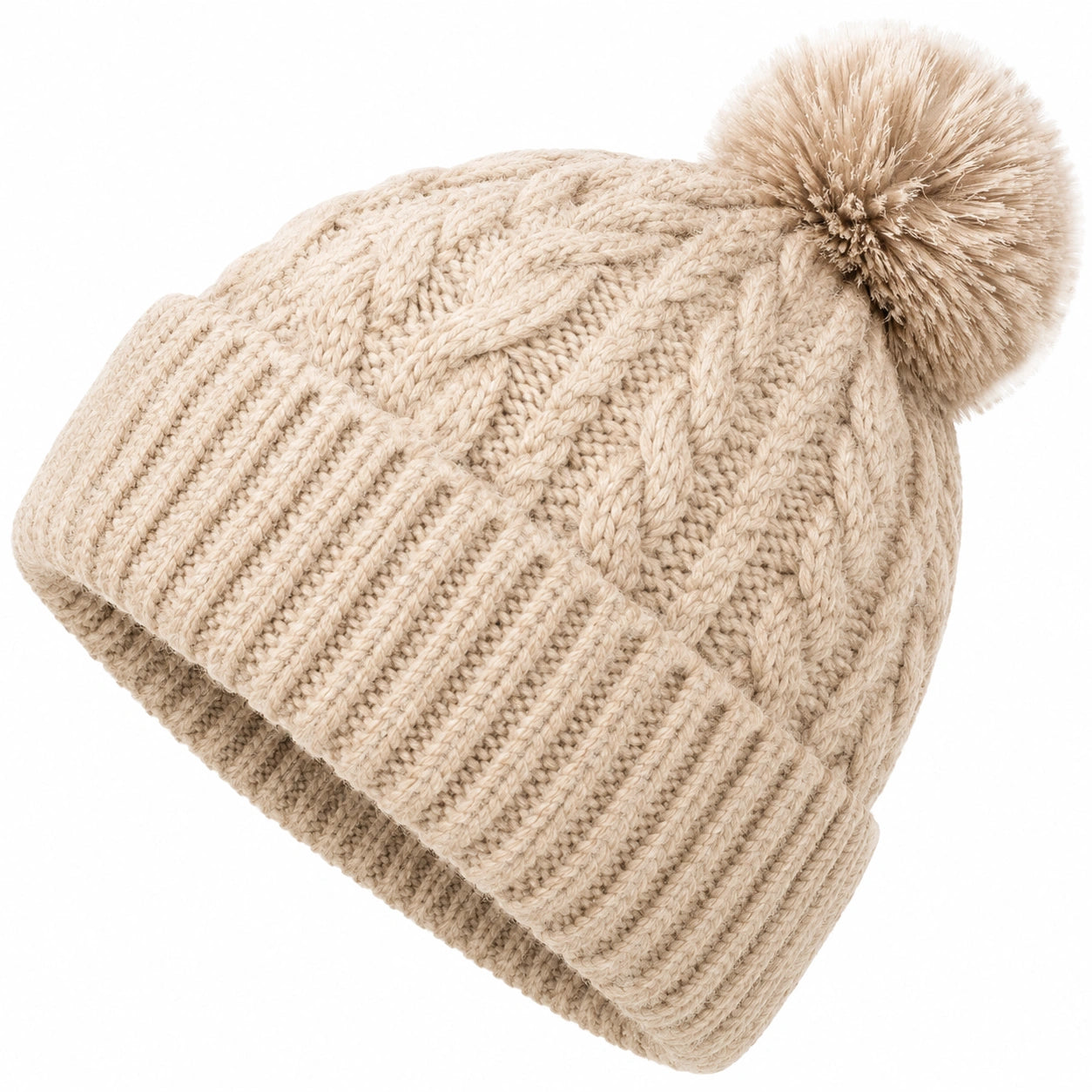 Bonnet Tricoté à Pompon Beige pour Adultes