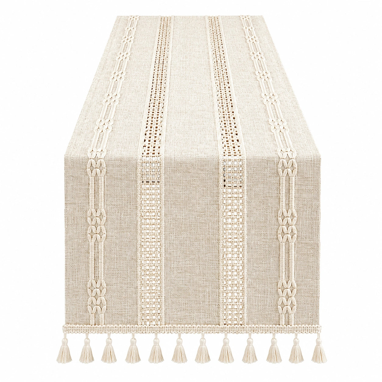 Chemin de Table en Lin Beige avec Dentelle et Pompons