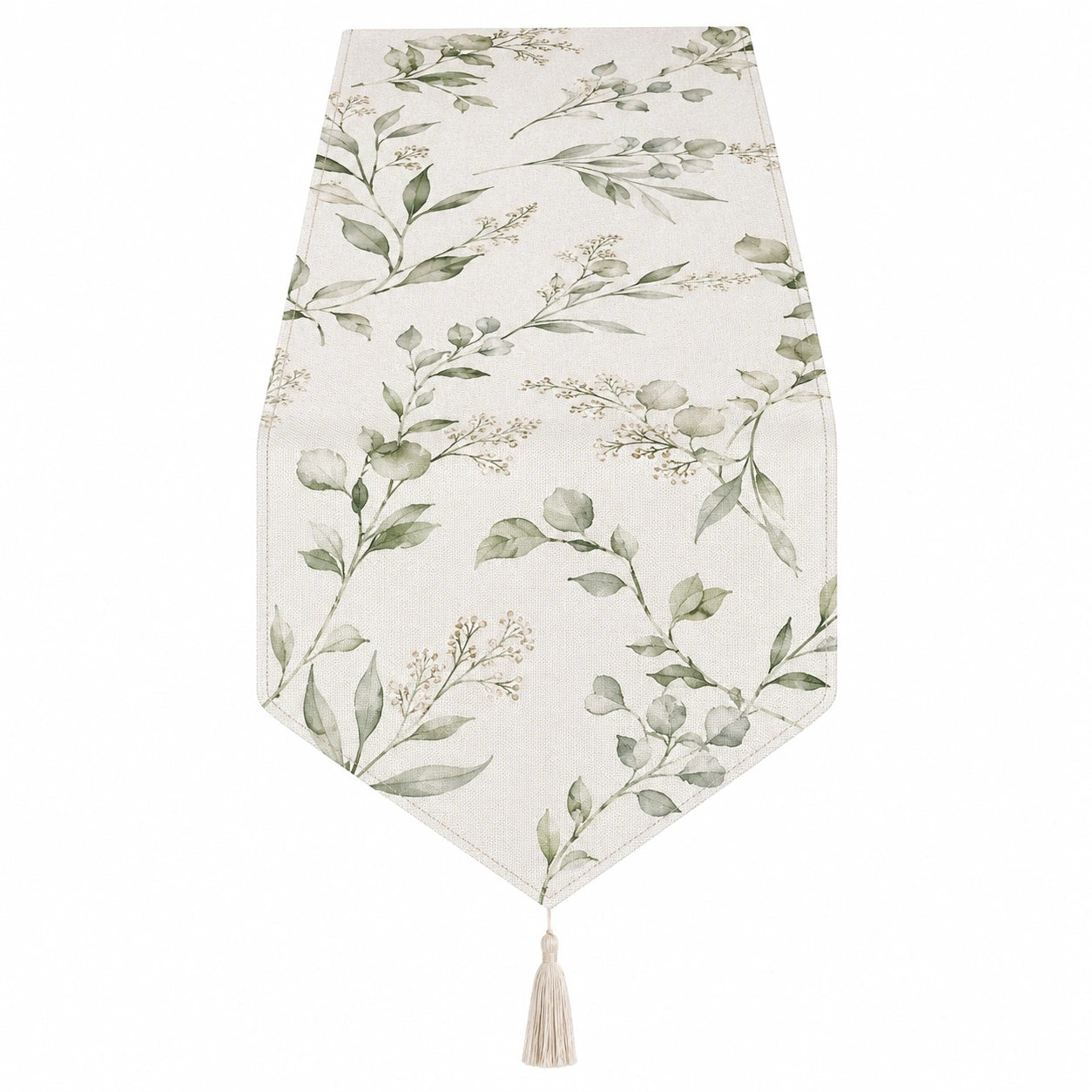 Chemin de table feuillage vert et beige avec franges