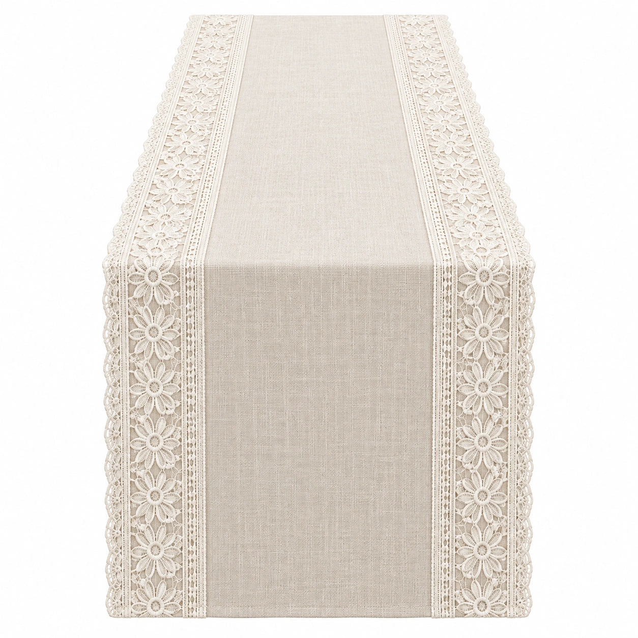 Chemin de Table en Dentelle Beige avec Motif Floral 180x35 cm