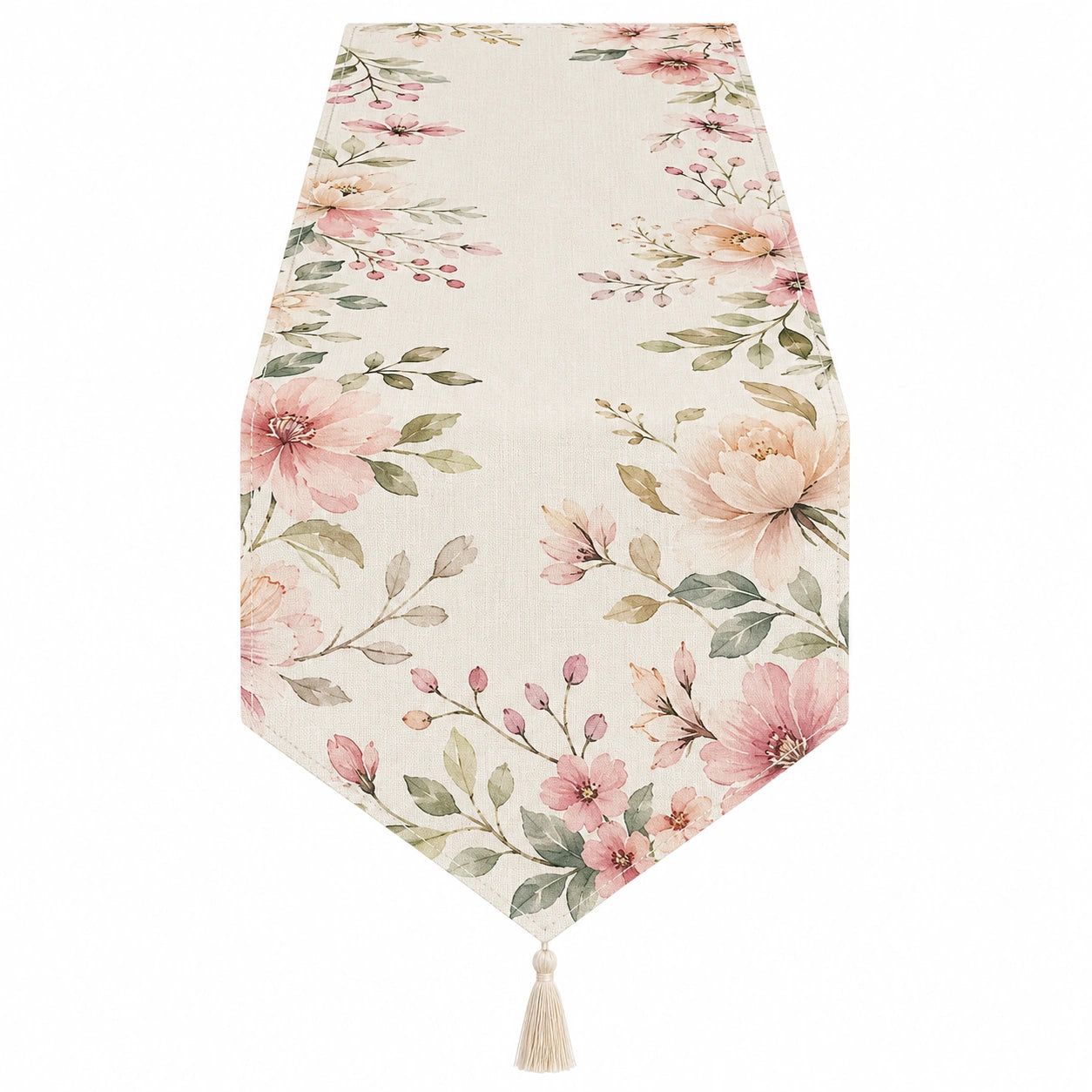 Chemin de table floral beige avec pompon