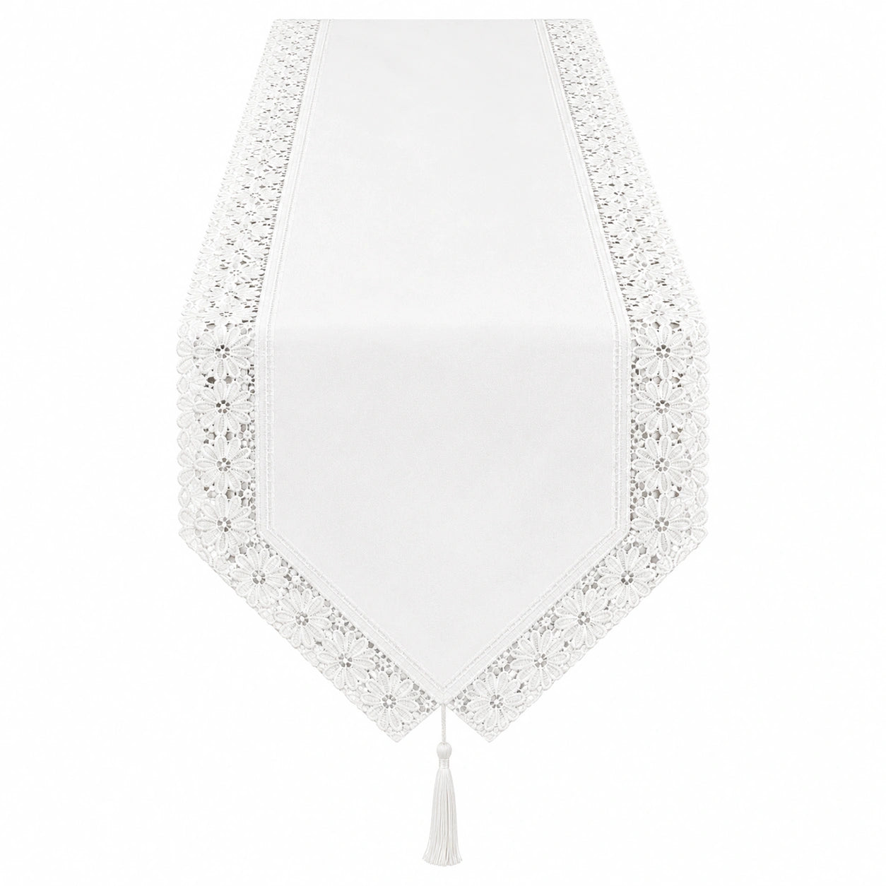 Chemin de Table Blanc avec Dentelle Florale et Franges
