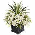 Arrangement floral artificiel blanc avec pot noir