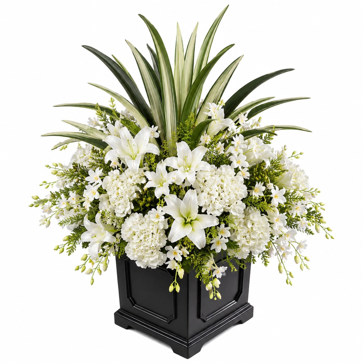 Arrangement floral artificiel blanc avec pot noir